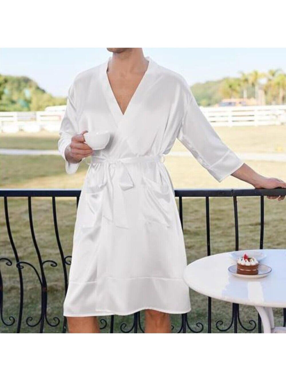 Men’s White Lightweight Silky Satin Robe Kimono Bathrobe 3/4 Sleeve with Pockets